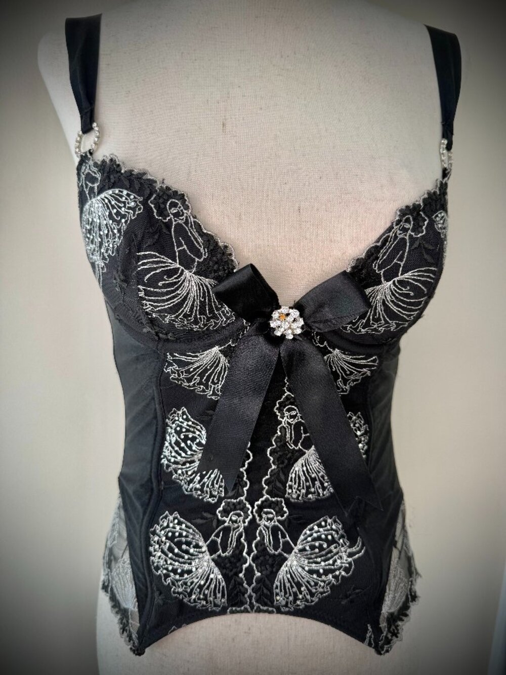 Crystal & Lace Black Bustier with Metallic Silver Embroidered Dancers throughout